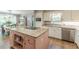 A full kitchen view complete with pink island with cooktop, white cabinets, and dining area at 2229 S Van Wert S Rd, Villa Rica, GA 30180