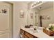Cozy bathroom featuring a single sink vanity and floral decorations at 2837 Peachstone Ct, Lawrenceville, GA 30043