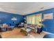 Comfortable living room with hardwood floors, patterned curtains, and vibrant blue accent wall at 1705 Monroe Ne Dr # D05, Atlanta, GA 30324