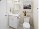 Bathroom featuring a white vanity with storage, toilet and decorative painting at 20 Marietta Nw St # 15D, Atlanta, GA 30303
