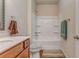 Full bath with shower-tub combo, single sink vanity, and tiled floors at 105 Silver Trce, Dallas, GA 30157