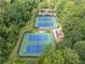 Aerial view of well-maintained tennis courts surrounded by lush greenery at 11575 Wildwood Springs Dr, Roswell, GA 30075