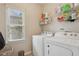 Convenient laundry room with washer, dryer, and shelving for storage at 895 Mill Garden Pl, Cumming, GA 30040