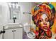 Bathroom featuring modern vanity and colorful shower curtain at 1126 Mainstreet Valley Dr, Stone Mountain, GA 30088