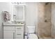 Stylish bathroom with a granite-topped vanity, tiled shower, decorative mirror, and tiled walls at 3423 Jamont Blvd, Alpharetta, GA 30022