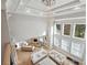 Grand living room showcasing high ceilings, a modern chandelier, and abundant natural light at 3423 Jamont Blvd, Alpharetta, GA 30022