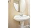 Bright bathroom features a pedestal sink, an oval mirror, and neutral-toned walls at 189 Privet Cir, Suwanee, GA 30024