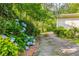 Scenic driveway lined with lush greenery and vibrant hydrangea bushes, creating a picturesque entrance at 2349 Echo Cliff Ne Ct, Atlanta, GA 30345