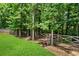 A fully-fenced backyard including a play area, trees, and lush landscaping perfect for Gathering fun at 6045 Stargazer Way, Cumming, GA 30028