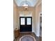 Grand foyer featuring double doors, a stylish light fixture, wood floors, and transom window that floods the area with light at 9602 Coastal Pointe Dr, Villa Rica, GA 30180