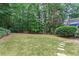 Lush backyard with mature trees and stone walkway at 2722 Brookhaven Ln, Buford, GA 30518