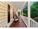 Cozy front porch with a stained wood floor, rocking chairs, and a white railing at 2722 Brookhaven Ln, Buford, GA 30518