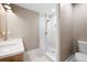 Beautiful bathroom featuring a glass enclosed shower, marble floors, and quartz counters at 3590 Lee Se St, Smyrna, GA 30080