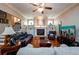 Inviting living room with fireplace, built-in shelving, hardwood floors, and comfortable seating at 13042 Dartmore Ave, Alpharetta, GA 30005