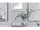 Bathroom counter featuring a plant, textured bowl with rolled towels, and dual mirrors at 158 South Village Ave, Holly Springs, GA 30115