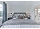 Elegant bedroom with a quilted duvet, accent pillows, and views into the connected bath area at 158 South Village Ave, Holly Springs, GA 30115