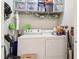 Functional laundry room equipped with a washer, dryer, shelving, and cleaning supplies at 1160 Foster Nw Pl, Atlanta, GA 30318
