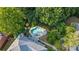 Bird's eye view of the home's backyard pool surrounded by beautiful trees and manicured landscaping at 314 Savannah Pl, Loganville, GA 30052