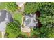 Aerial view of a gray roofed home surrounded by a lush green lawn, driveway and trees at 2015 Samuel Close Ct, Alpharetta, GA 30009