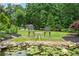 Backyard pond with water lilies and serene seating area, perfect for relaxation amidst lush greenery at 407 Maple Ridge Ct, Cumming, GA 30028