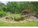 Charming backyard pond featuring lily pads, rock accents, and well-maintained landscaping at 407 Maple Ridge Ct, Cumming, GA 30028