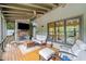 Inviting screened porch with stone fireplace, TV, ceiling fan, comfortable seating, and views of the backyard at 407 Maple Ridge Ct, Cumming, GA 30028