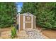 Storage shed in backyard with pathway, offering additional storage space and functionality at 407 Maple Ridge Ct, Cumming, GA 30028
