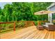 Charming wooden deck with comfortable outdoor seating, a sun umbrella, and green leafy views at 2045 Bethany Spring Trce, Cumming, GA 30041