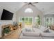 Bright living room with vaulted ceilings, fireplace, and access to the deck at 2045 Bethany Spring Trce, Cumming, GA 30041
