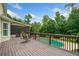 Relax on the wood deck overlooking the pool with lush landscaping, perfect for outdoor enjoyment at 360 Glade Knoll Trail Trl, Fayetteville, GA 30215