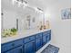 Bright bathroom boasts a vanity with blue cabinets, neutral counter and modern fixtures at 545 Matterhorn Way Way, Alpharetta, GA 30022