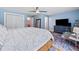 Comfortable main bedroom featuring blue walls, closet, ceiling fan, and hardwood floors at 3190 Crestview Circle Nw Cir, Duluth, GA 30096