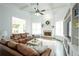Cozy living room with a brick fireplace, coffered ceilings, and comfortable leather seating at 6105 Overlook Park Dr, Cumming, GA 30040