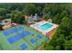 Aerial view of community amenities, including a swimming pool, tennis courts, clubhouse, and surrounding lush greenery at 206 Five Iron Nw Ct, Kennesaw, GA 30144