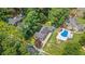 Aerial view shows the property with pool, landscaping, and surrounding neighborhood with mature trees at 583 Etowah Ne Dr, Marietta, GA 30060
