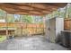 Backyard featuring a covered patio area with wooden fence and raised garden beds at 114 Emily Ln, Alpharetta, GA 30009
