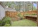 Enclosed backyard featuring a raised garden bed and artificial turf at 114 Emily Ln, Alpharetta, GA 30009