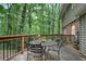Backyard wooden deck featuring patio furniture with a treed backyard view off the back of the house at 3025 Mountain Creek Ne Ct, Roswell, GA 30075
