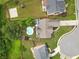 Aerial view of a home showcasing the backyard pool and patio with well-maintained landscaping at 648 York View Dr, Auburn, GA 30011