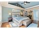 The main bedroom has hardwood floors, soft blue walls and a trey ceiling at 648 York View Dr, Auburn, GA 30011