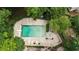 Aerial view of a private pool with spa, lounge chairs, surrounded by lush greenery and mature trees at 3616 Blakeford Ct, Marietta, GA 30062
