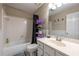 Bathroom with a tub-shower combination, white vanity, and neutral wall paint at 1885 N Creek Cir, Alpharetta, GA 30009
