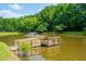 Scenic pond view with wooden dock and fountain surrounded by lush greenery on a sunny day at 1885 N Creek Cir, Alpharetta, GA 30009