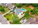Aerial view of a well-manicured property showcasing a home with a pool, lush landscaping, and outdoor seating areas at 5963 Wild River Vw, Sugar Hill, GA 30518