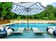 Beautiful backyard pool with deck loungers, umbrella, and decorative elements, set against a backdrop of mature trees at 5963 Wild River Vw, Sugar Hill, GA 30518