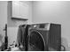 A laundry room with a modern washer and dryer with white cabinets above at 1010 Longcreek Pointe, Alpharetta, GA 30005