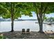 Scenic waterfront view with mature trees framing Adirondack chairs, overlooking the tranquil lake at 1010 Longcreek Pointe, Alpharetta, GA 30005