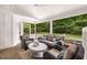 Relax in this screened porch with wicker furniture, a ceiling fan, and views of the backyard at 7114 Surrey Pt, Alpharetta, GA 30009