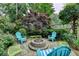 Outdoor fire pit area with stone surround, chairs, and lush landscaping at 785 Cirrus Dr, Johns Creek, GA 30022