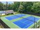 Modern tennis courts with a nearby building and seating offer a great place to relax after a set at 1115 Ballington Dr, Cumming, GA 30041